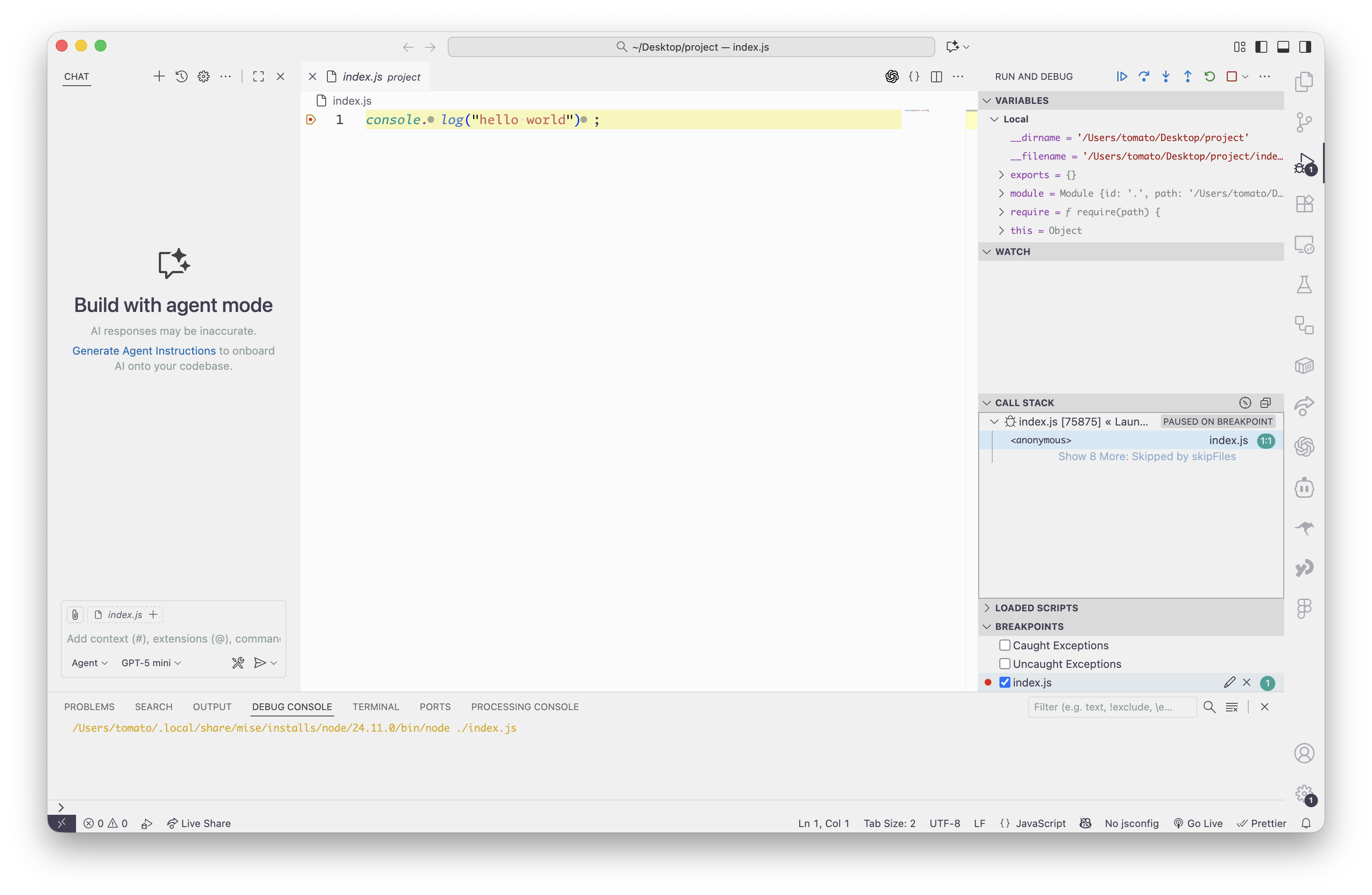 An image of VSCode with debugger and chat open