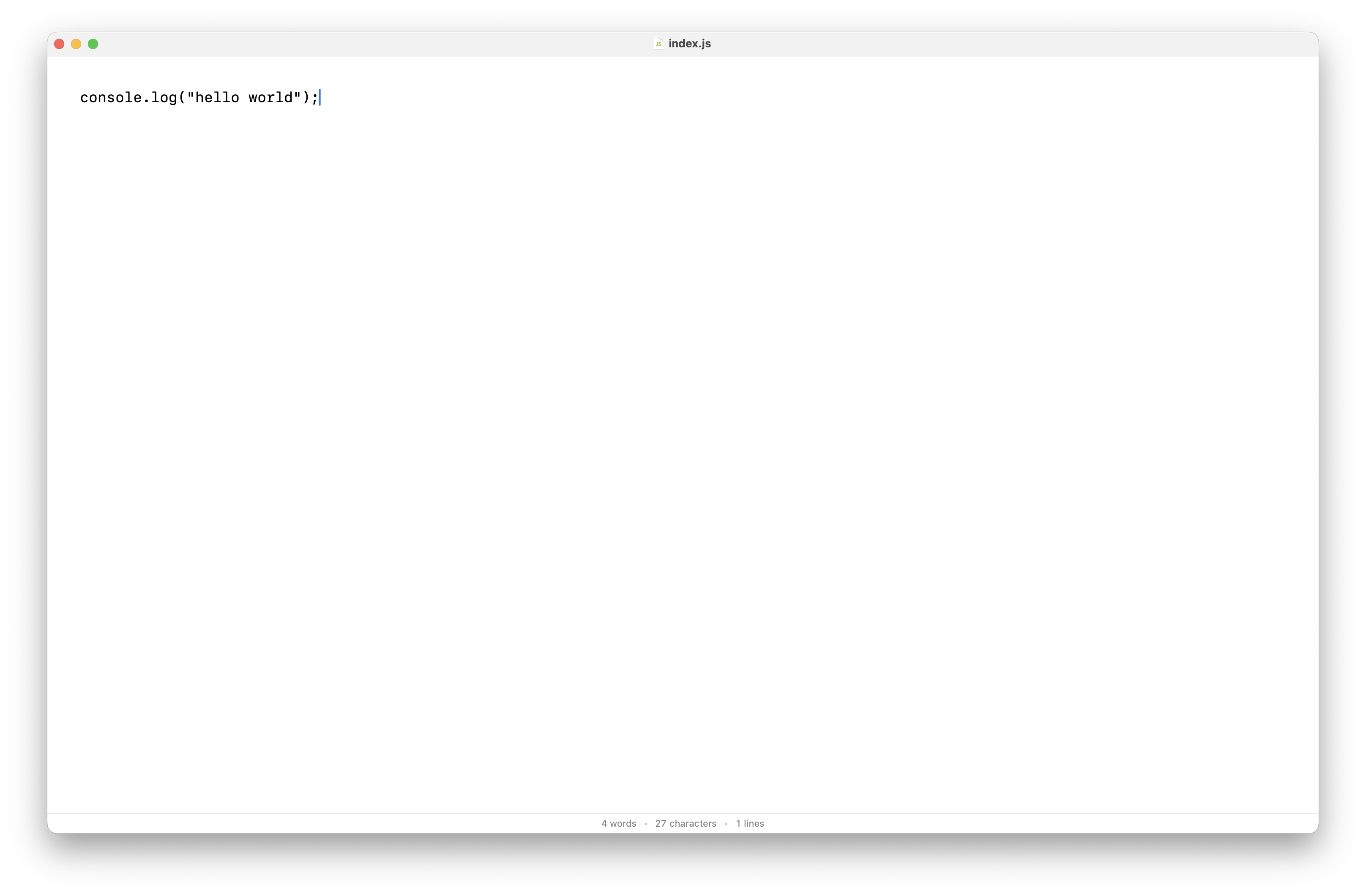 An image of an empty text editor with the hello world in JavaScript
