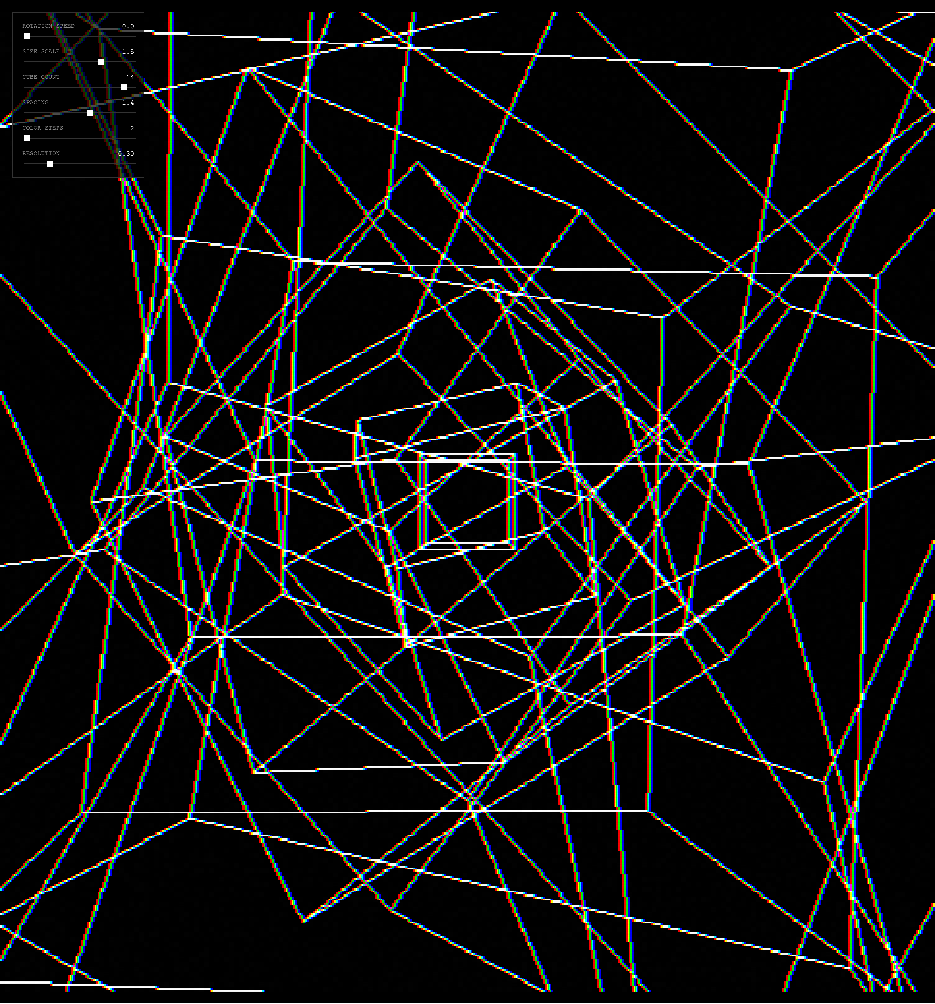 white 3D cubes stacked into one another with only edges. Low poly. Chromatic abboreation