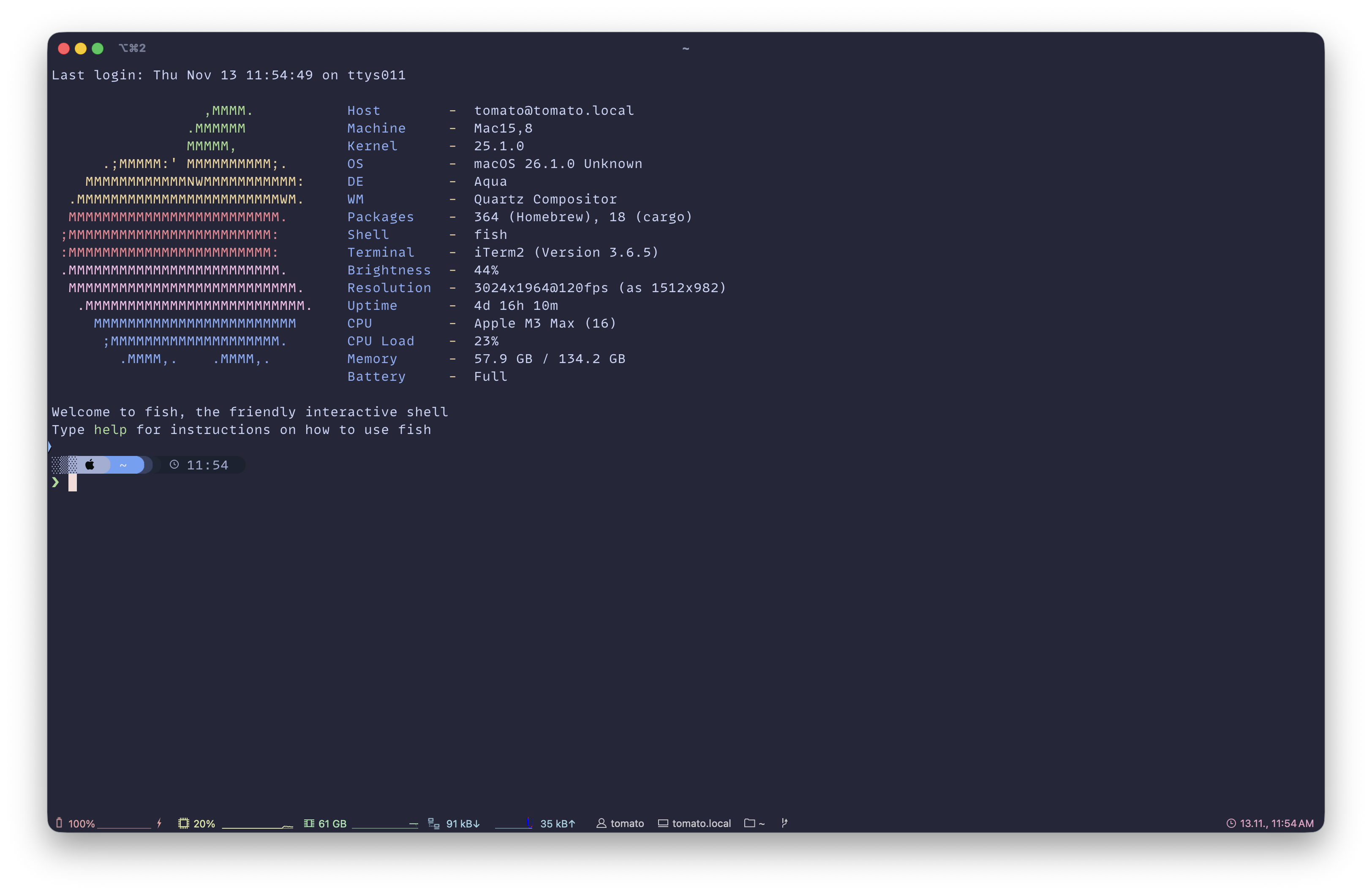 An image of MacOS Terminal with iTerm2 and fish shell loaded